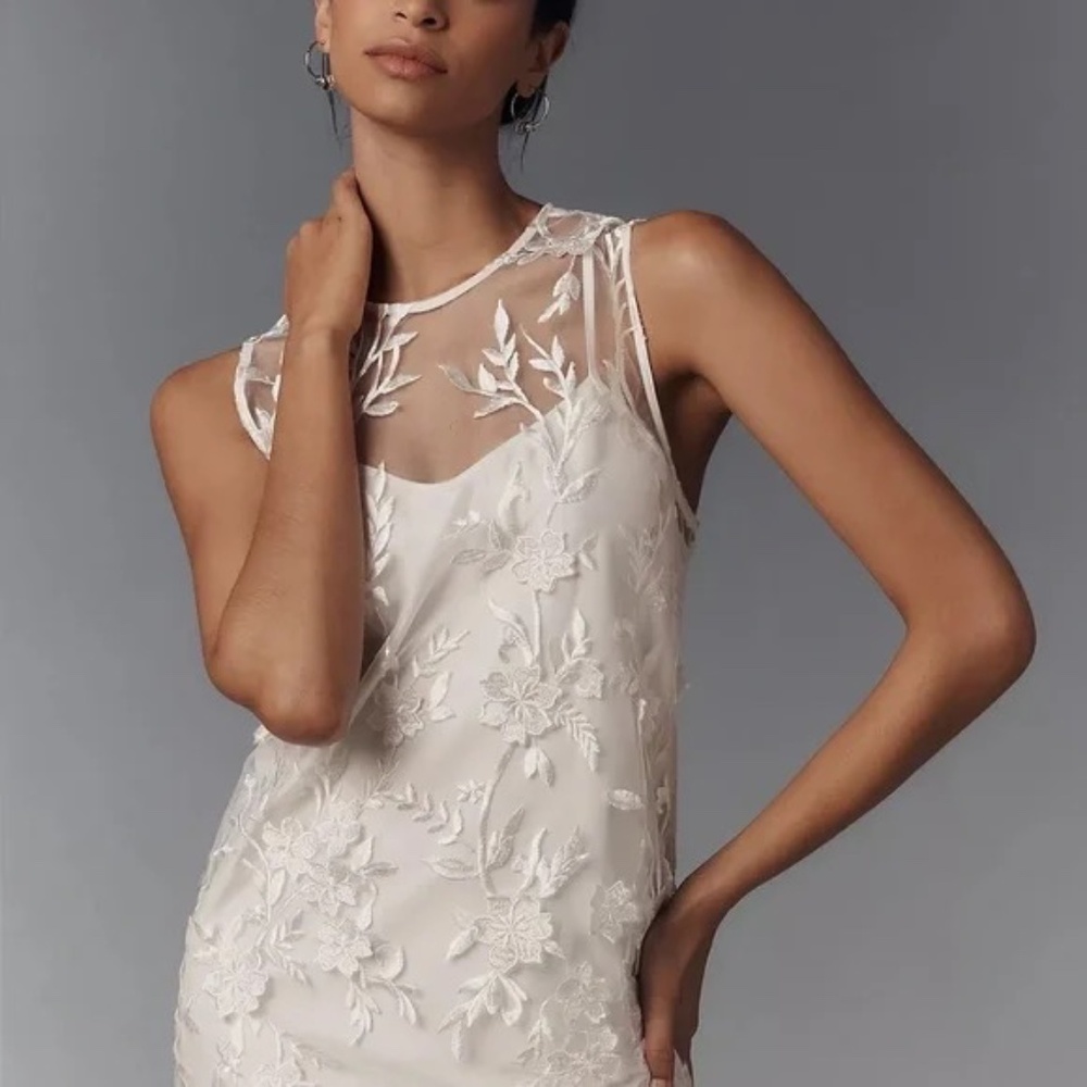 NWT ANTHROPOLOGIE Flat White Sheer Embroidered Mini Dress NWT Size M - Picture 4 of 11